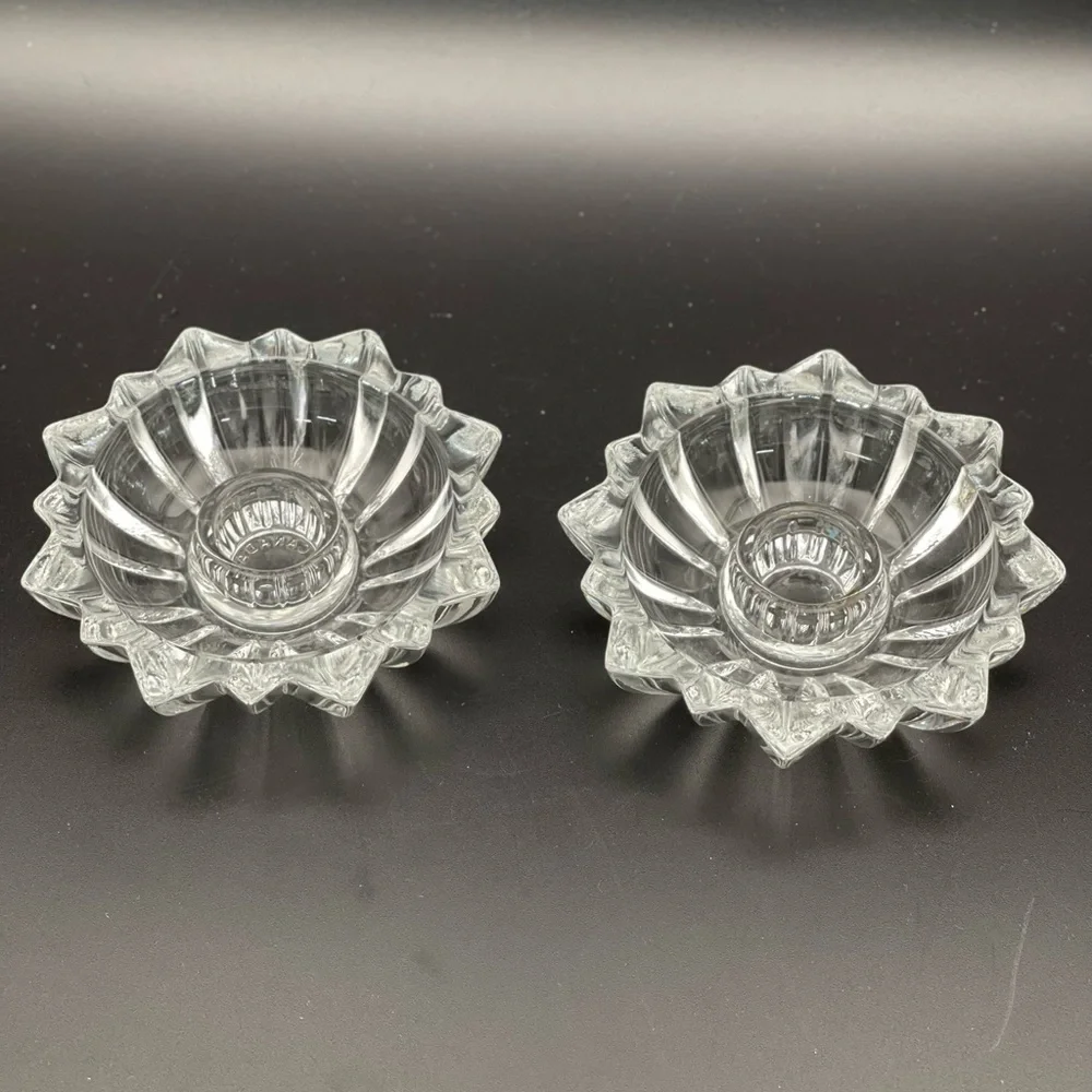 Libbey Canada Crystal Starburst Taper Candle Holders‎ X 2 Vintage Clear Glass